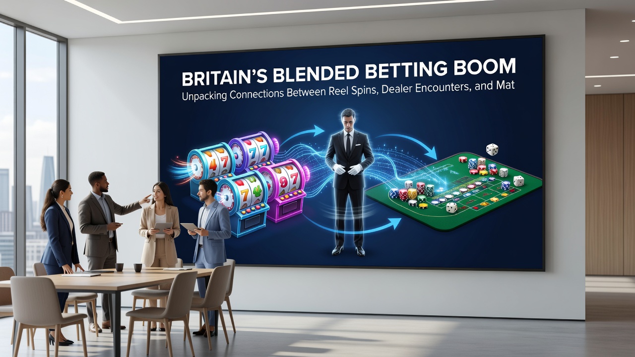 Analytics dashboard illustrating user flows between slot reels, live casino tables, and sports betting predictions in blended UK platforms