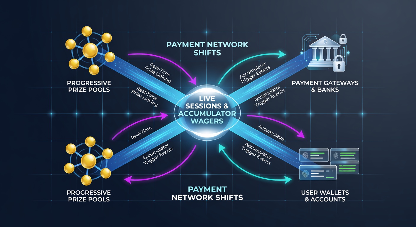 Diagram showing accumulator wager pathways integrated with live sessions and progressive prize payouts in Britain