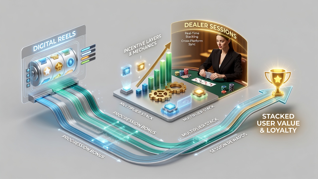 Analytics dashboard displaying reward stacking metrics from slots, live tables, and sports predictions