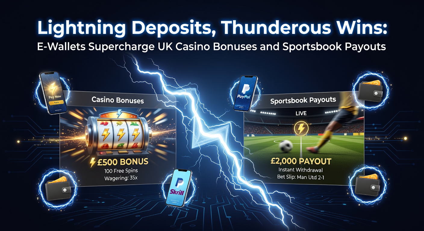 Dynamic illustration of thunderous wins exploding from e-wallet payouts in a casino and sportsbook environment