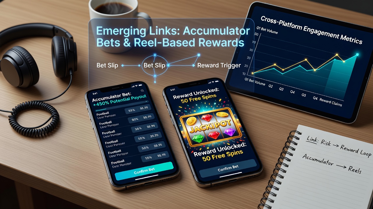 Split-screen mobile view showing live accumulator tracking next to spinning reels with synchronized reward notifications