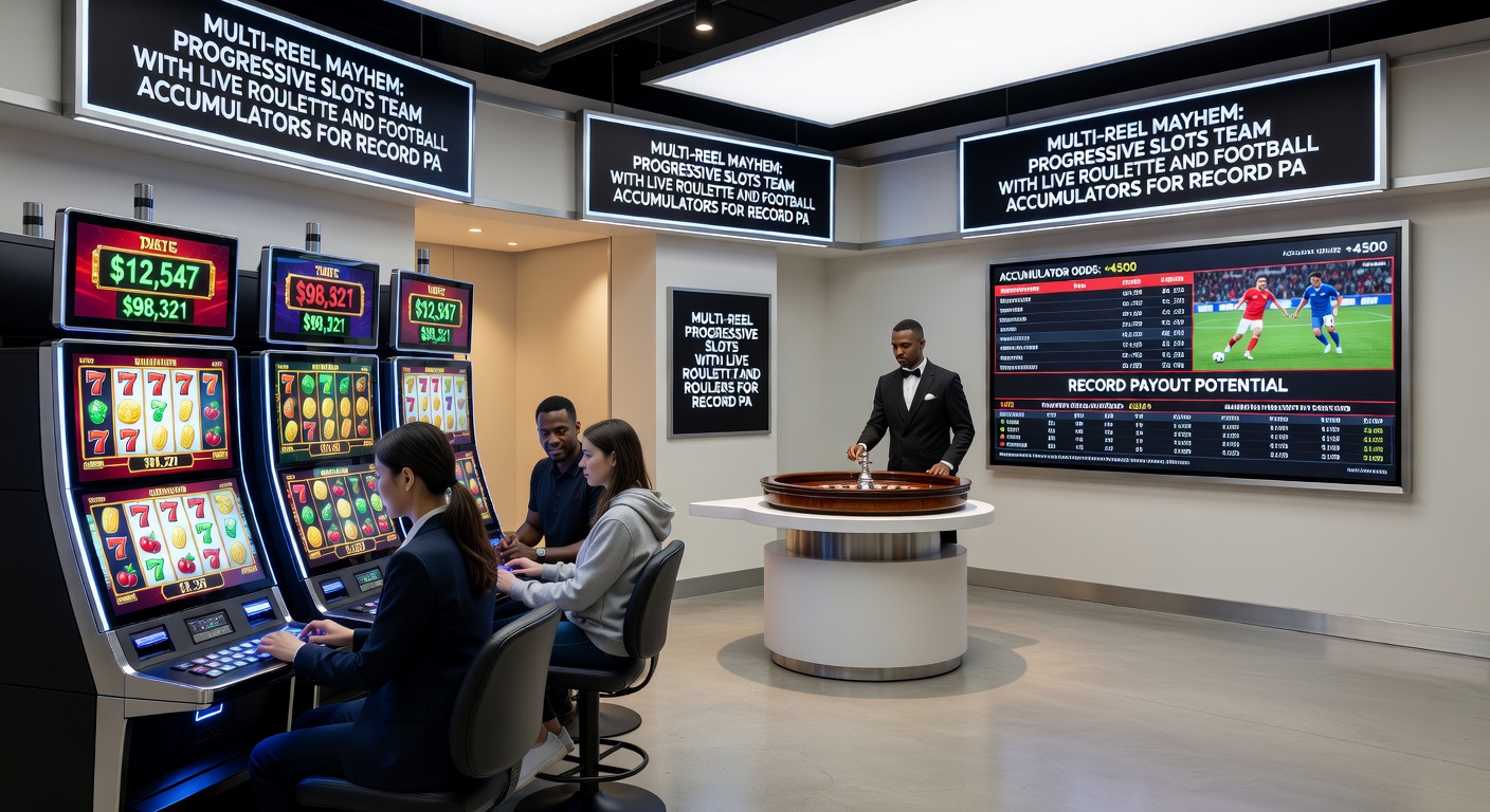 Dynamic scene of a live roulette croupier spinning the wheel as slot jackpots climb and football accumulator odds flash on screen