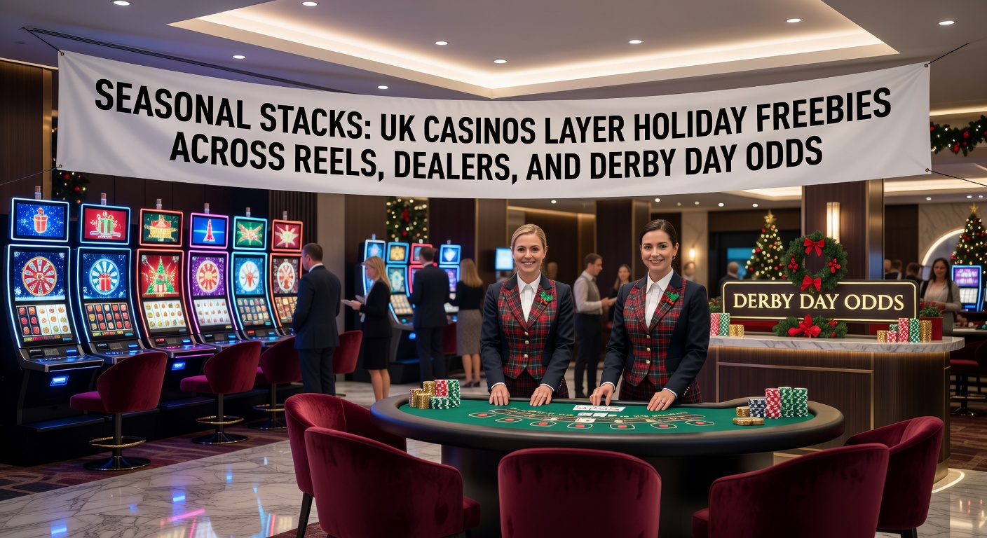 Dynamic collage of UK casino holiday stacks showing free spin cascades on slots, live dealer bonus announcements, and elevated Derby Day betting slips